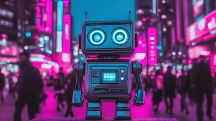 A cute robot stands in a vibrant cityscape illuminated by neon lights.