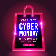 Cyber Monday neon banner sale. Cyber Monday neon background with 50 percent discount. Modern neon gift bag design. Vector illustration or shopping advertisement, retail sales and advertising campaign