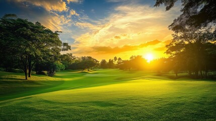 Sunset over golf course with lush green fairways
