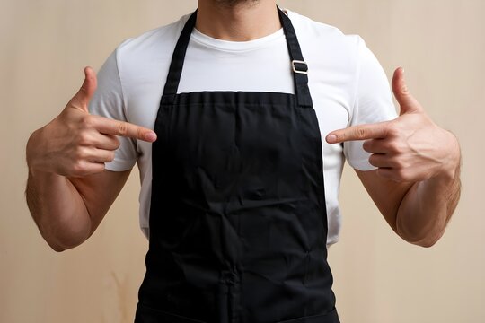 Person in white t-shirt and apron giving a thumbs up, highlighting apron.
