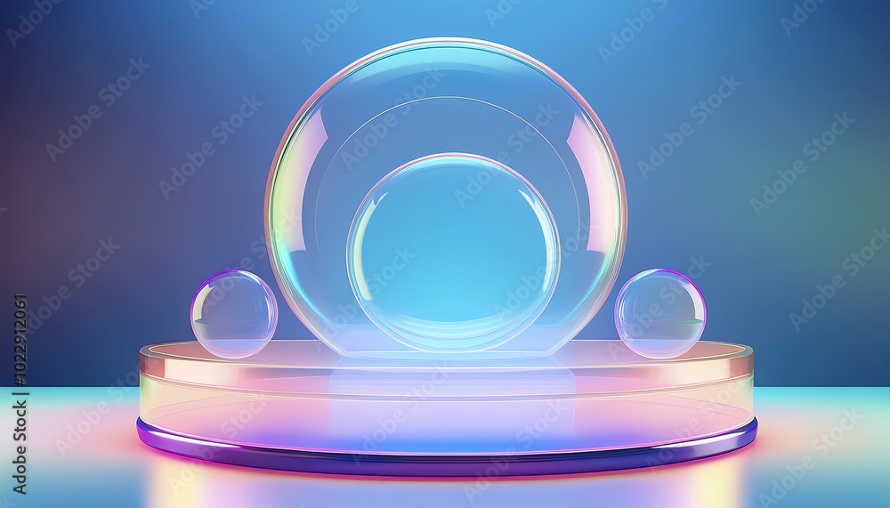 Poster a vibrant display featuring translucent bubbles arranged on a glowing surface, evoking a modern and 