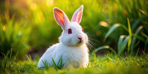 Obraz premium White Bunny with Striking Red Eyes Sitting on Soft Grass in a Peaceful Natural Setting Outdoors