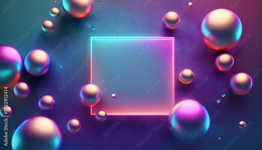Poster a colorful, abstract design featuring a central square surrounded by luminous spheres on a textured 