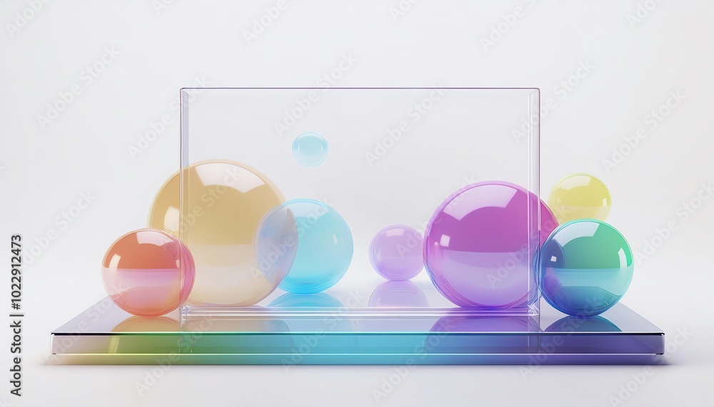 Poster a vibrant display of translucent spheres arranged around a clear box on a gradient base, emphasizing