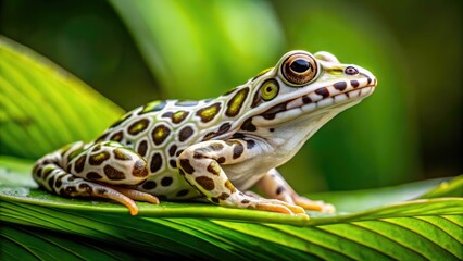 Fototapeta premium White Leopard Spotted Frog Sitting on a Leaf in a Lush Green Environment, Nature's Unique Beauty