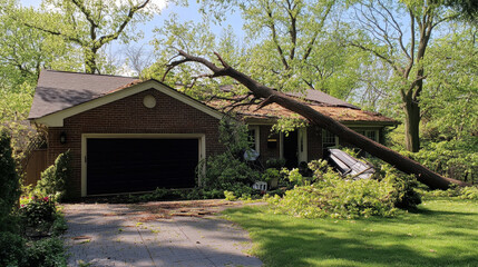Damaged suburban home with fallen tree after storm highlighting impact of severe weather and natures force