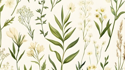 Fototapeta premium Vintage botanical illustration pattern, vintage wildflowers and herbs, muted pastel colors, cream background