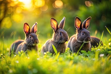 Wild Black Rabbits in Natural Habitat Exploring Green Grass Under Soft Sunlight in the Meadow