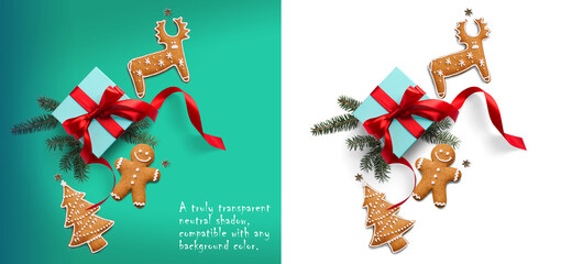Christmas composition on a transparent background with a gift box, with red ribbon, fir branches, Christmas homemade cookies, real transparent neutral shadow. copy space for the design 