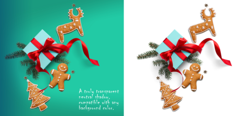 Christmas composition on a transparent background with a gift box, with red ribbon, fir branches, Christmas homemade cookies, real transparent neutral shadow. copy space for the design 