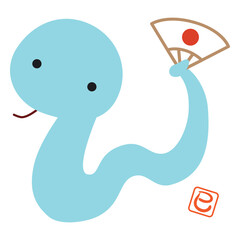 2025年巳年の扇子を持っている干支キャラクターイラスト/ブルー