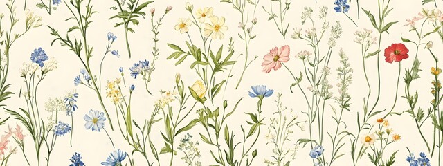 Vintage botanical illustration pattern, vintage wildflowers and herbs, muted pastel colors, cream background