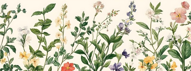 Vintage botanical illustration pattern, vintage wildflowers and herbs, muted pastel colors, cream background