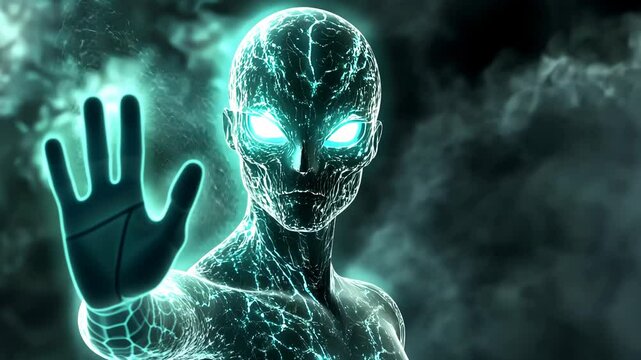 Glowing alien with outstretched hand, futuristic being with illuminated eyes and skin patterns in dark, smoky atmosphere. Sci-fi character showcasing extraterrestrial power
