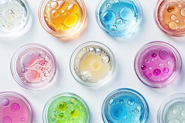 Fototapeta premium Microscope view of colorful liquid samples in Petri dishes