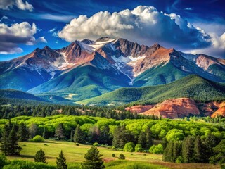 Naklejka premium Majestic Pikes Peak in Colorado with Clear Blue Skies and Lush Green Landscapes in Summer