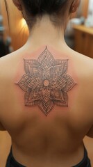 Mandala tattoo on upper back.