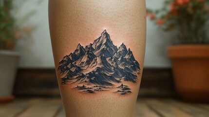 Mountain tattoo on calf.