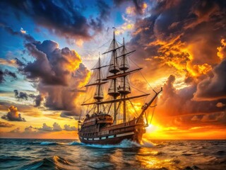 Obraz premium Majestic pirate ship sailing the open sea with billowing sails against a vibrant sunset backdrop
