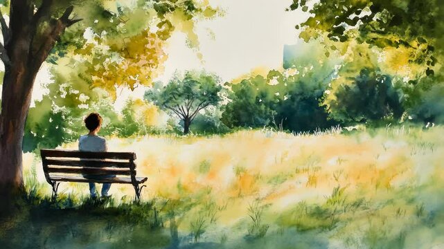 Silhouette sitting alone on a park bench surrounded by nature, watercolor style artwork depicting peaceful solitude in a lush green setting. Ideal for concepts of tranquility, reflection, and serenity