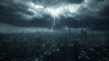 Dramatic lightning storm over urban skyline during heavy rainfall