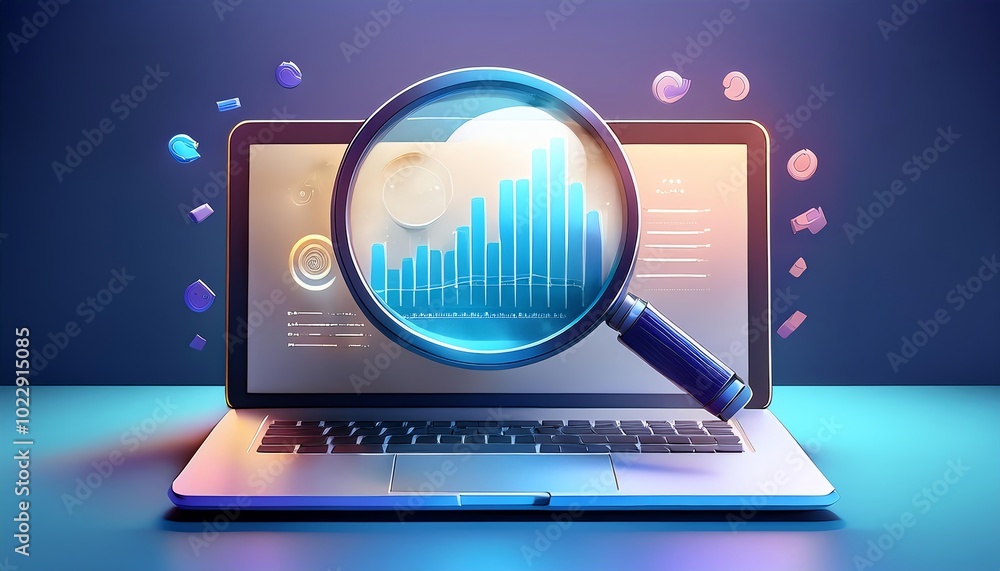 Poster a magnifying glass over a laptop screen displaying data charts, symbolizing analysis and insights in
