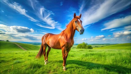 Majestic Red Dun Horse Standing Gracefully in a Lush Green Pasture Under a Clear Blue Sky