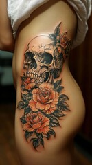 Tattoo of a skull and roses.