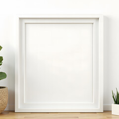 A bright, modern white room interior featuring natural wooden furniture and a close-up mockup frame. 