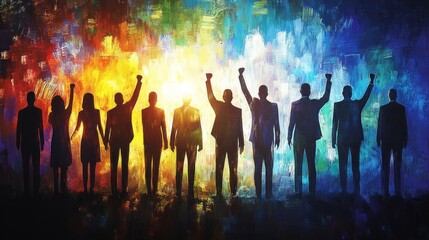 A vibrant silhouette of people raising fists, symbolizing unity and empowerment.