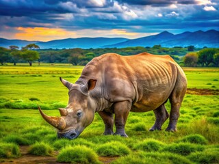 Obraz premium Majestic Rhino in Natural Habitat Grazing on Grass Under Bright Blue Sky in Wildlife Conservation Area