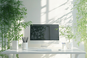 Fototapeta premium Serene Minimalist Workspace for Digital Designers with Ergonomic Features 