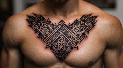 Viking-inspired chest tattoo design.