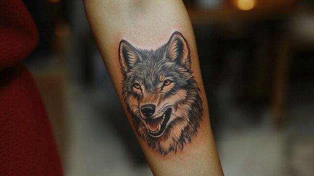 Realistic wolf tattoo on forearm.