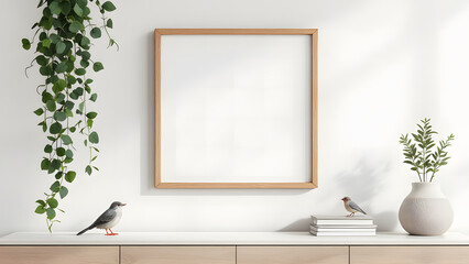 Charming scandi-style interior featuring a small wooden frame mockup with trailing green plant and cozy decor
