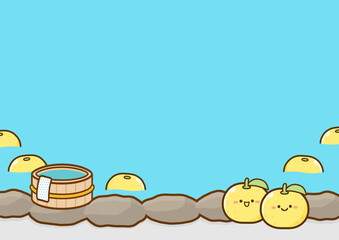 冬至のゆず湯と柚子と風呂桶のベクターイラスト、コピースペースがある温泉の背景素材02