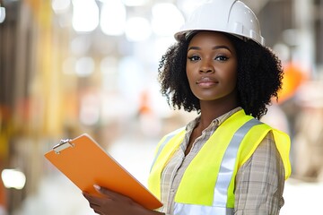 Confident woman engineer with clipboard at worksite