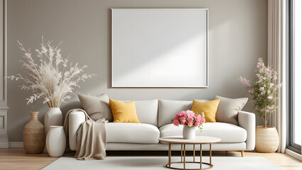Charming cozy living room interior featuring a stylish sofa and floral table arrangement with a blank wall