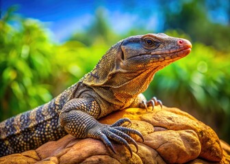 Obraz premium Majestic Savannah Monitor Lizard Relaxing on a Rock in a Natural Habitat Under Bright Sunlight