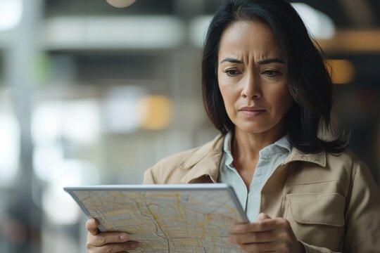 Woman analyzing map on tablet focused.