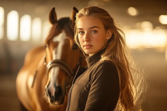 Blonde woman stands beside horse in stable, serene