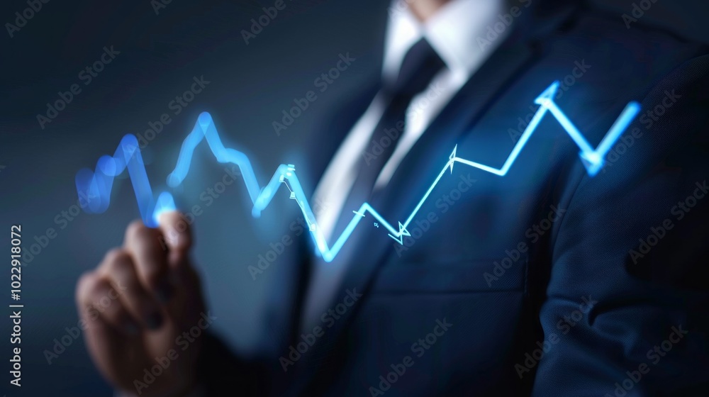 Poster A man in a suit is drawing a graph on a screen