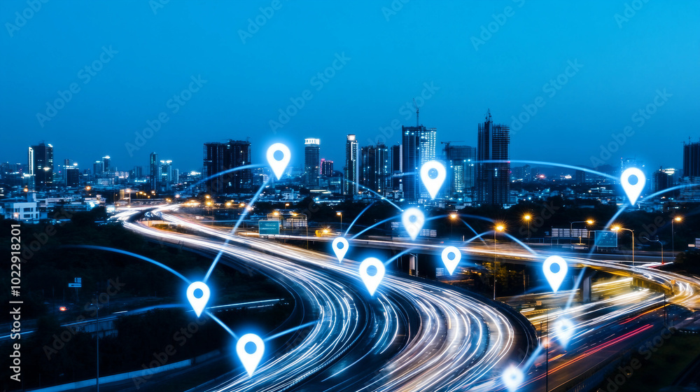 Poster a dynamic cityscape at night with traffic flow and location markers
