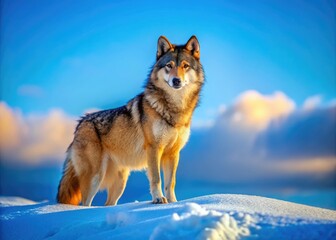Fototapeta premium Majestic solitary wolf standing isolated in a snowy landscape under a clear blue sky in winter