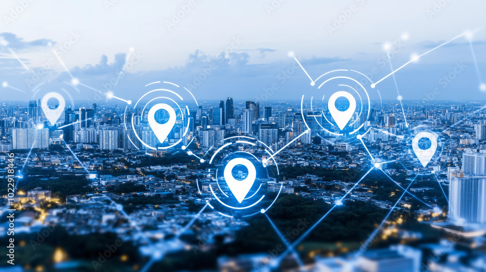 Poster a dynamic cityscape at night with traffic flow and location markers