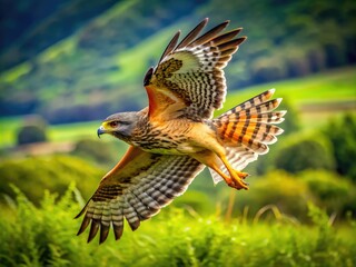 Fototapeta premium Majestic Split Tail Hawk in Flight Over Lush Green Landscape Captured in Brilliant Detail