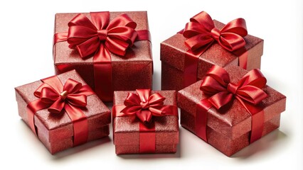 Obraz premium Experience festive charm with realistic red bows and gift boxes featuring top, side, and perspective views, perfect for holiday decorating and creative gifting inspiration.