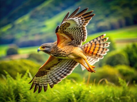 Majestic Split Tail Hawk in Flight Over Lush Green Landscape Captured in Brilliant Detail