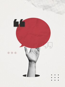 Trendy Halftone Collage Hand holding speech bubble message. Social media communication. Contemporary art. Empty space for quote, plan and idea. Creative abstract template. Vector illustration