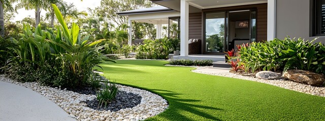 Beautiful home with a modern front yard design featuring artificial grass, a pebble edge, and tropical plants